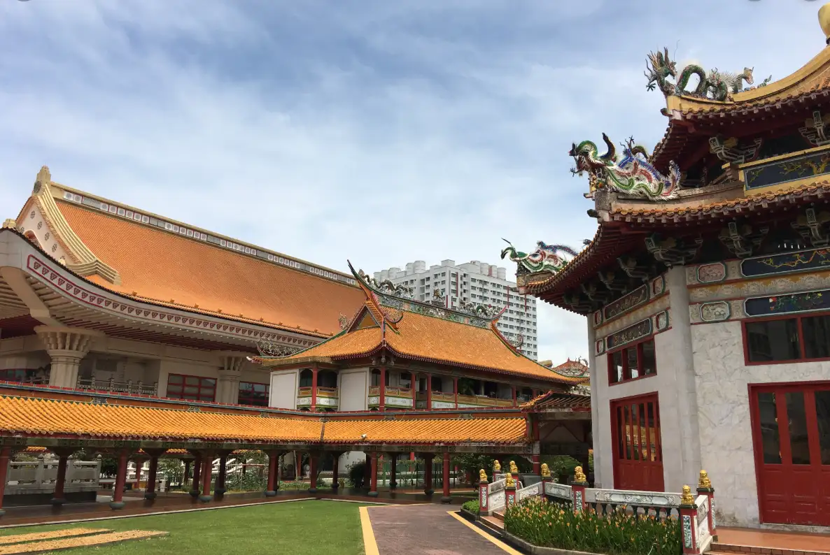 Aerial view of Bright Hill Monastery showing its geomantic layout and water features