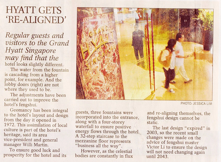 Grand Hyatt Singapore newspaper coverage - Feng Shui enhancements by Master Li