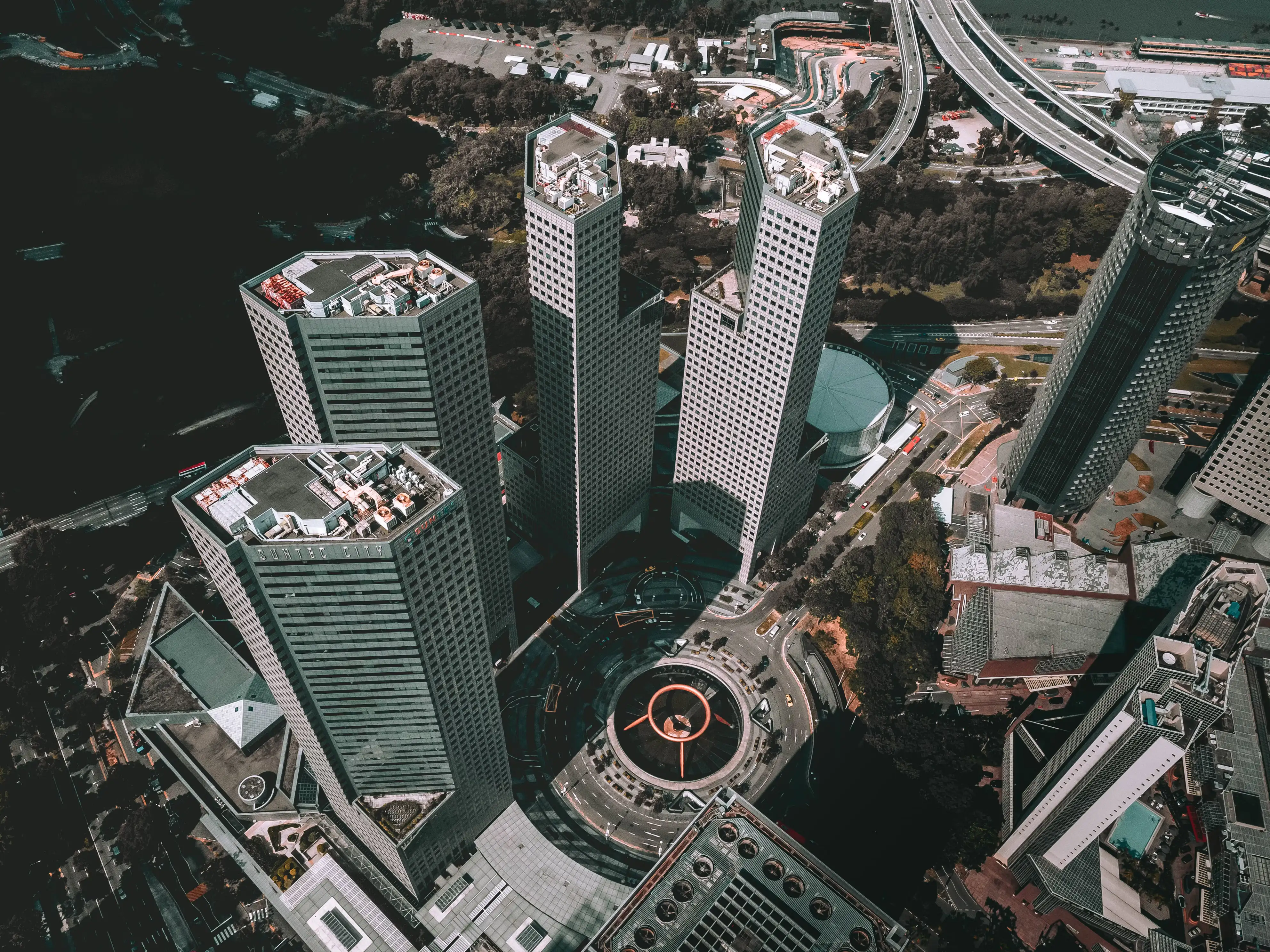 Aerial view of Suntec City's Fountain of Wealth and surrounding architecture
